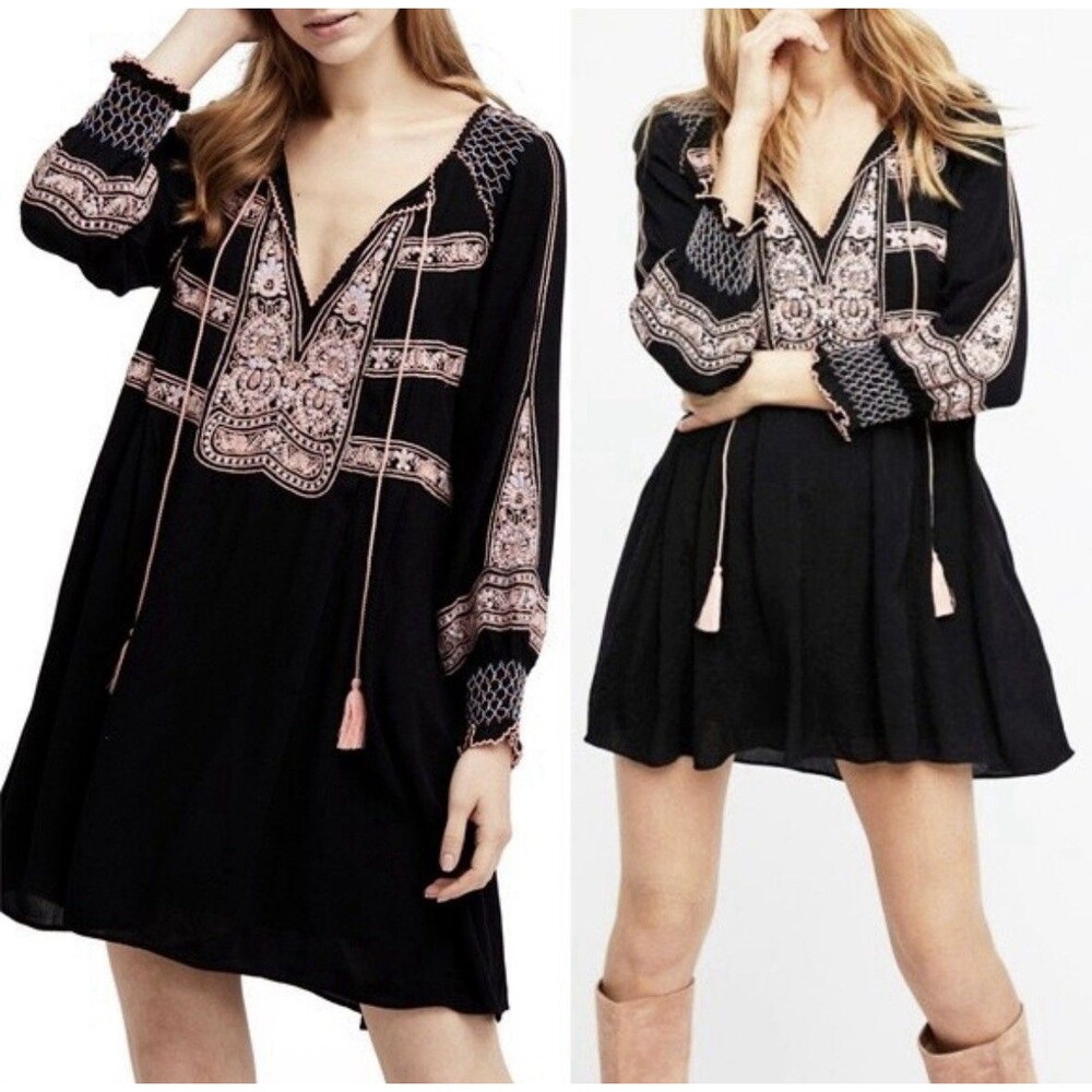 Free People Wind Willow Embroider Boho Peasant Tassel  Mini Dress Black Size L